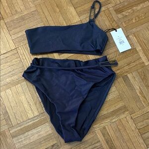 Onia Two Toned Rib Navy Blue One-Shoulder Bikini Set Size M Top and L Bottom NWT